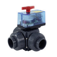 Kugelhahn S4 3W T-Kugel DN40 PVC grau PVCu Klebemuffe d50 metrisch PN3 EPDM PTFE EO 510 ECO 230VAC